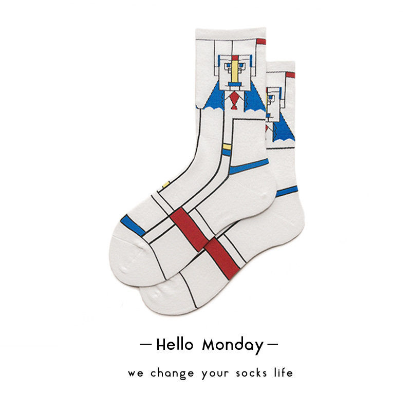 一家潮袜白色袜子全棉中筒抽象艺术感线条手绘现代风