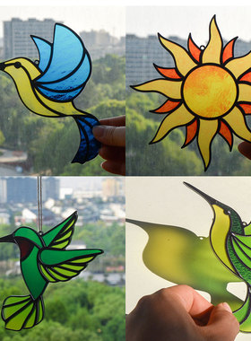 太阳捕手Stained Glass彩色蜂鸟太阳月牙亚克力挂件遮丑美化装饰