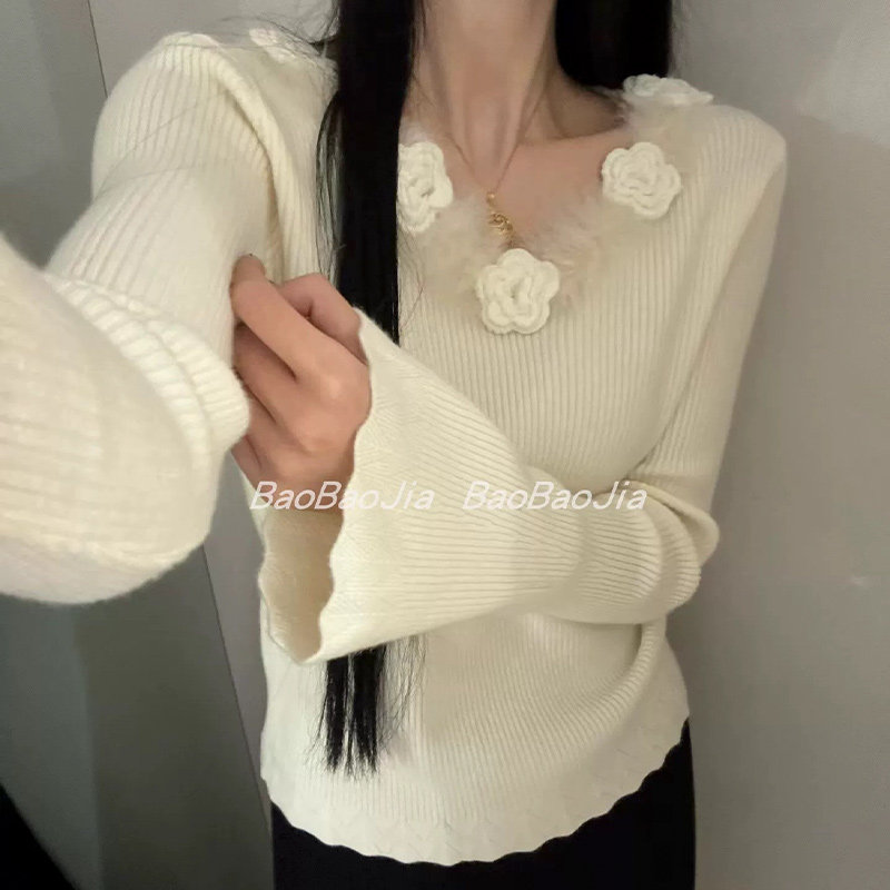 设计感毛毛拼接立体花朵喇叭袖针织衫女2025冬新款显瘦打底衫上衣,女装/女士精品,毛针织衫,淘宝优惠券,粉丝福利购,淘宝优惠卷