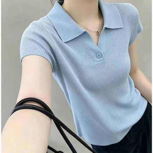 蓝色Polo领短袖针织衫女夏季新款薄款T恤纽扣2026新款上衣