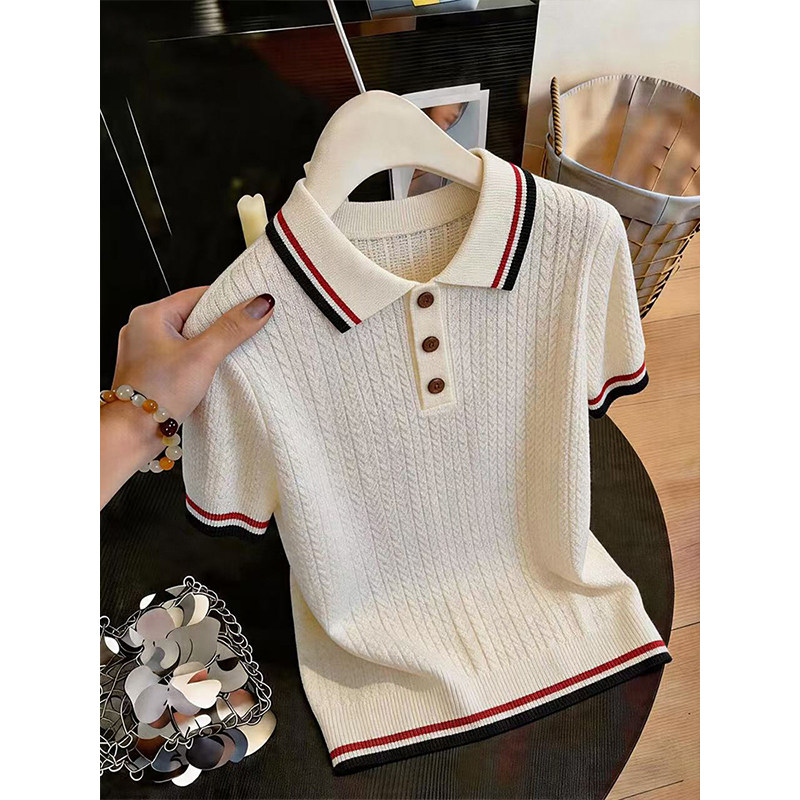 拼色条纹翻领半开扣学院风上衣韩系气质百搭通勤麻花短袖针织衫