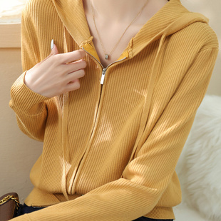 连帽针织开衫双拉链设计坑条纹理显质感高级感慵懒温柔早秋上衣