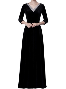 黑色秋冬新款丝绒艺考合唱指挥乐器演奏主持成人礼演出女显瘦轻奢