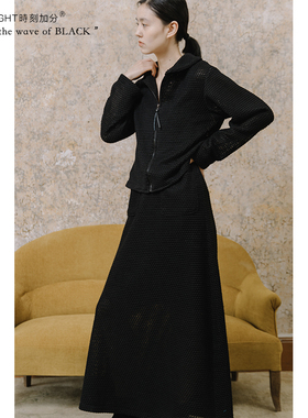 HIGHLIGHT加分22ss 黑色镂空针织复古时髦小翻领拉链短外套春季