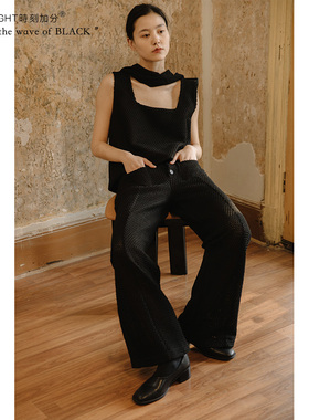 HIGHLIGHT加分22ss  黑色针织微透视时髦气场喇叭阔腿微喇裤 显瘦