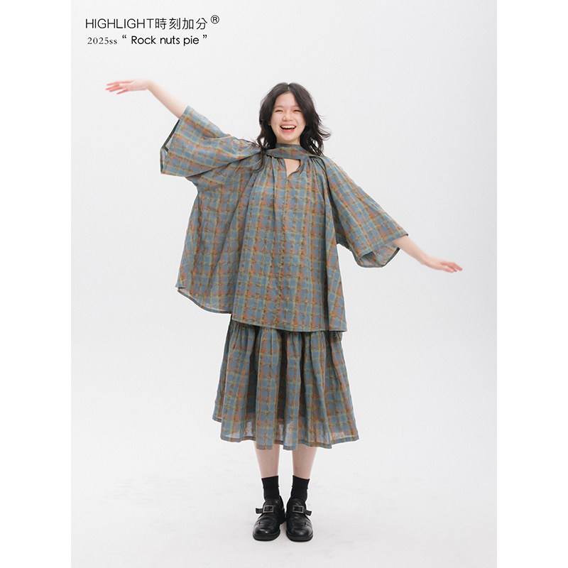 色织纯棉多褶轻盈格子日系半裙