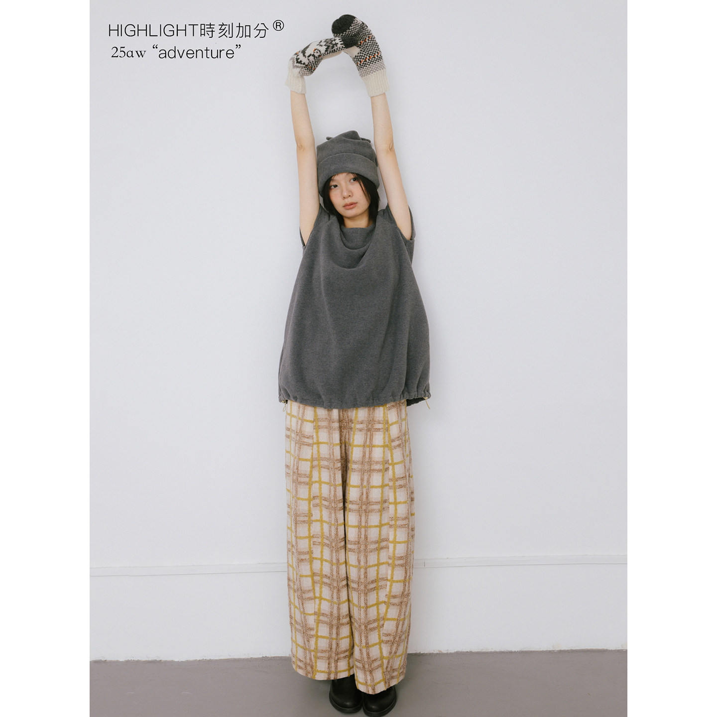 HIGHLIGHT加分25AW 太阳线条 立体格纹时髦宽松廓形剪裁羊毛长裤