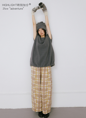 HIGHLIGHT加分25AW 太阳线条 立体格纹时髦宽松廓形剪裁羊毛长裤
