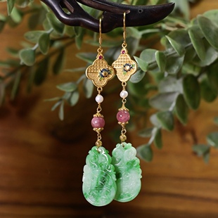 新中式天然A货飘花雕刻翡翠耳环耳坠女粉碧玺925纯银镀金新年礼物