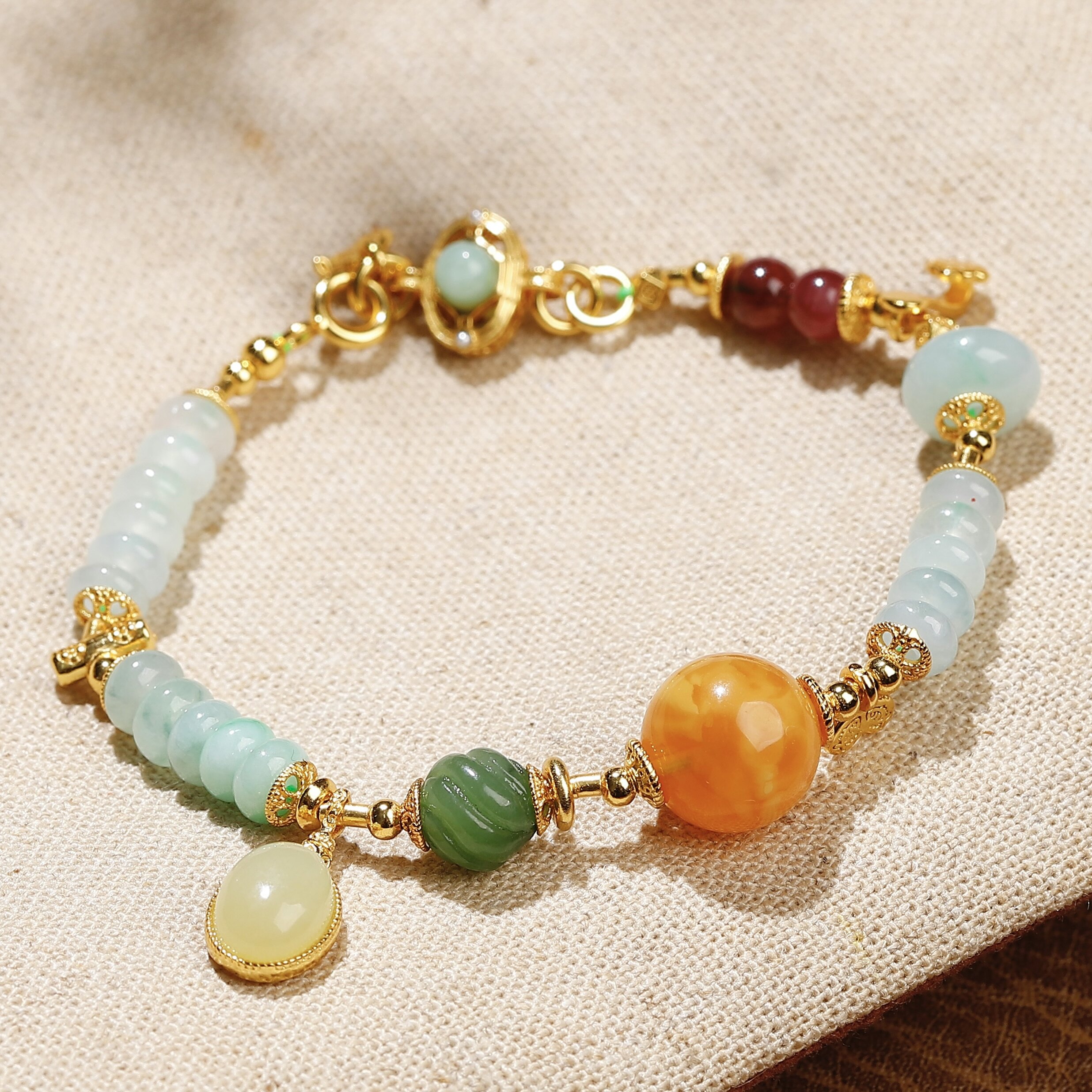 天然缅料A货渐变翡翠算盘珠手链手串碧玉蜜蜡和田玉镶银饰小提溜