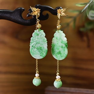 新中式天然A货双面雕刻翡翠耳坠女S925纯银镀金长款流苏耳饰耳环