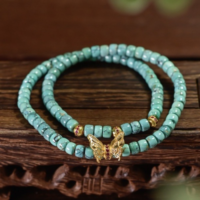 天然原矿直切老型珠绿松石手链女