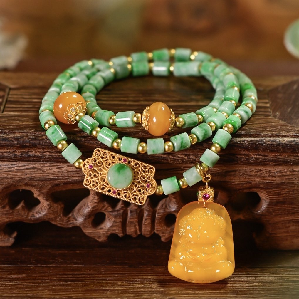 天然A货飘花路路通翡翠三圈手链手串女蜜蜡雕刻弥勒佛吊坠银镀金
