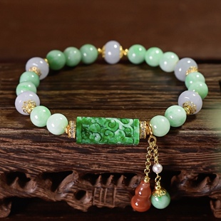 天然A货翡翠豆绿圆珠紫罗兰苹果珠辣绿雕花方柱手链手串南红葫芦