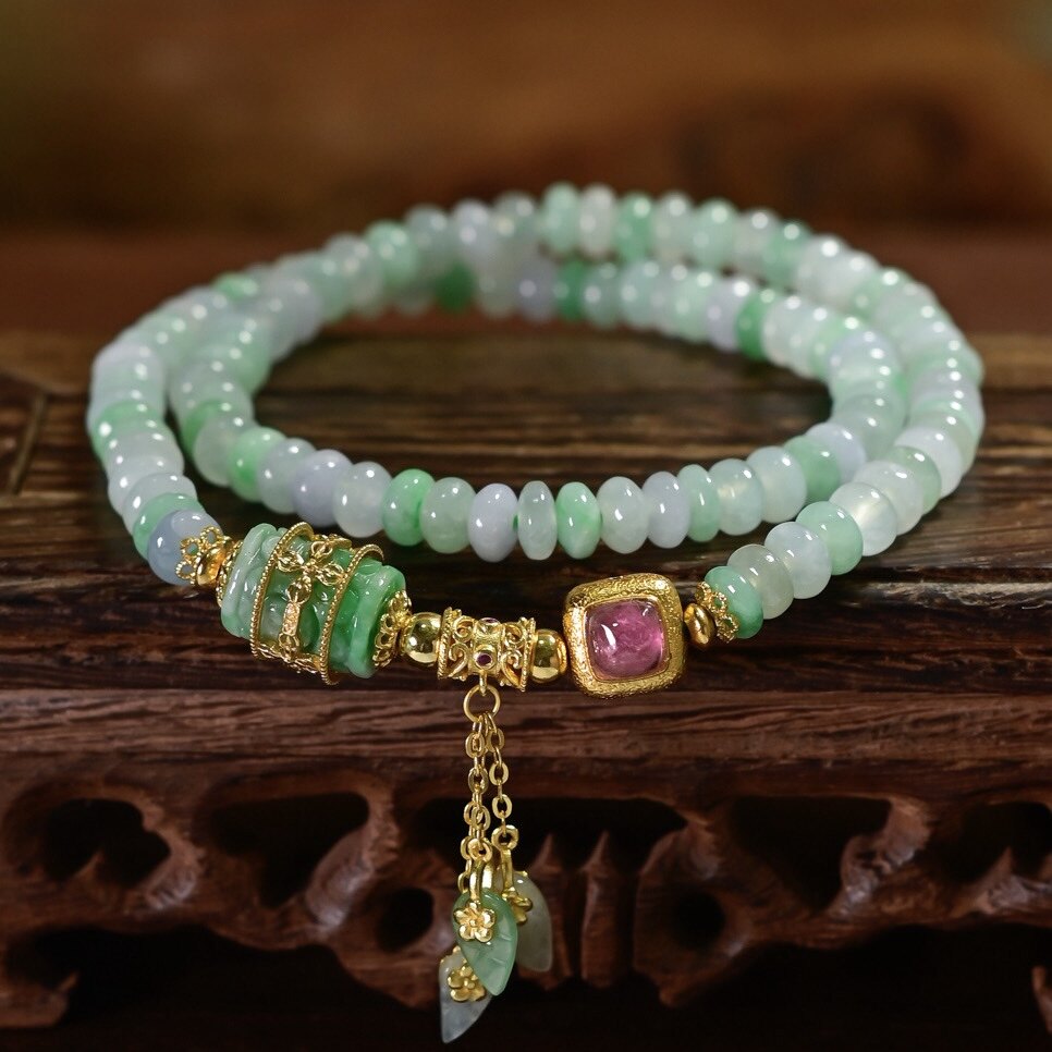 天然A货双色算盘珠翡翠叠戴手链手串女雕花路路通粉碧玺镶嵌银饰