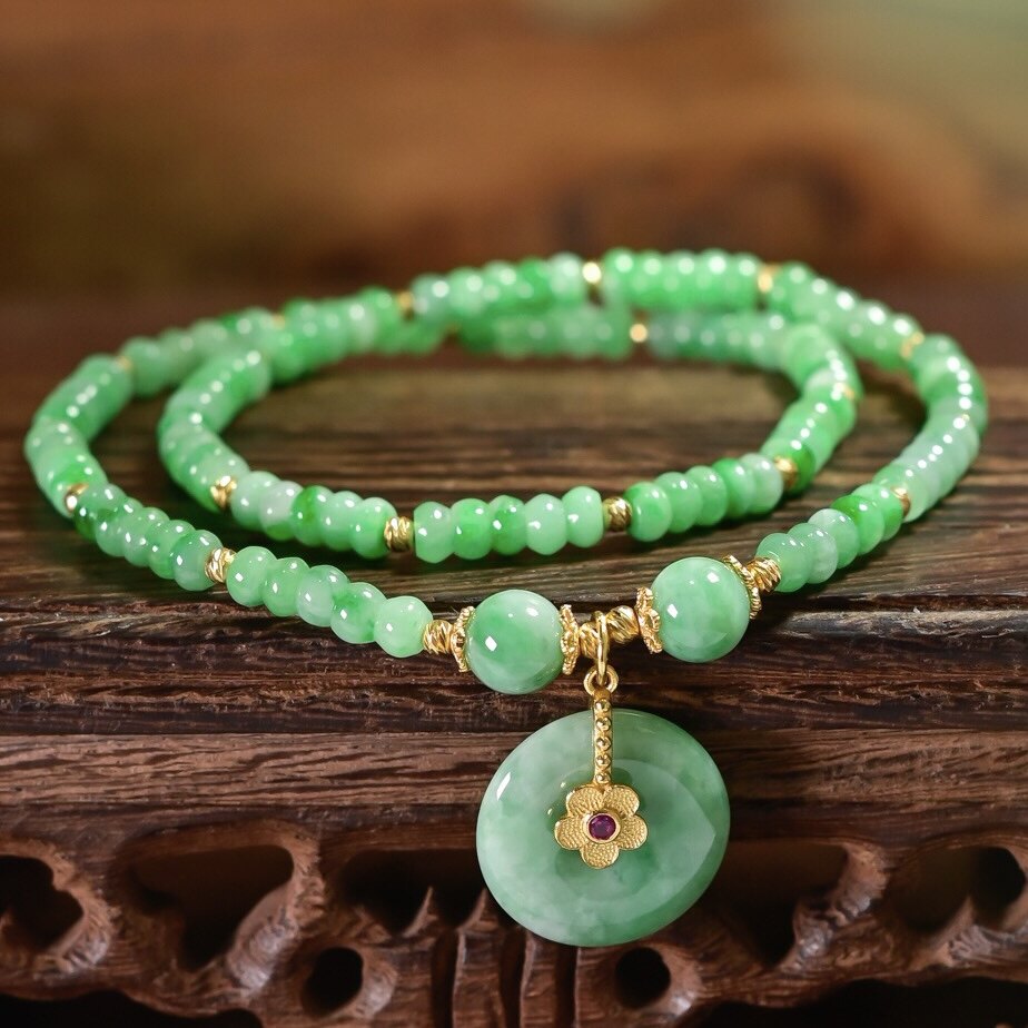天然A货阳绿飘花翡翠算盘珠双圈手链女平安扣吊坠925纯银镀金手串