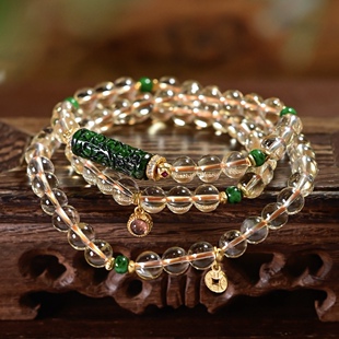 天然黄水晶三圈手链A货干青翡翠雕花路路通银镀金双面碧玺小提溜