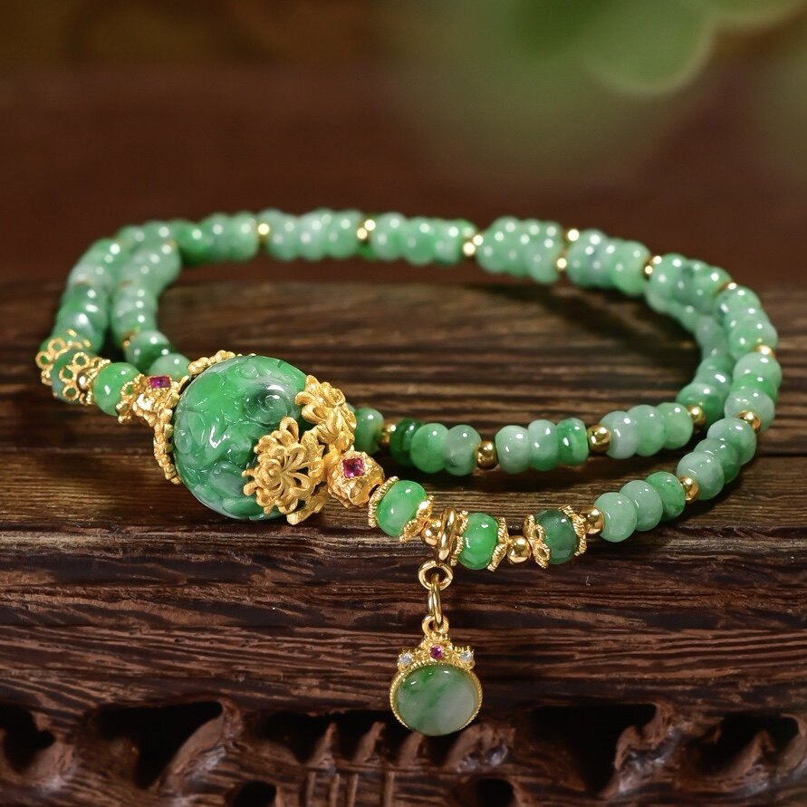 新中式天然A货翡翠雕花绣球算盘珠双圈手链手串925纯银镀金小提溜