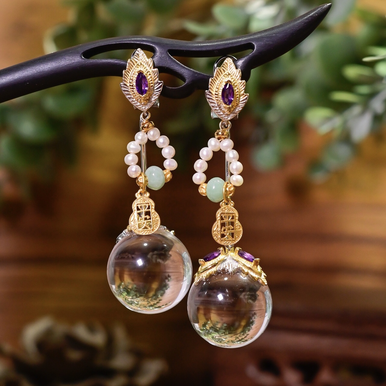 天然白水晶圆珠银饰耳坠耳环礼物