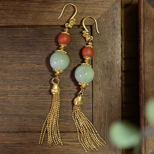 新中式天然A货翡翠圆珠耳环保山南红S925纯银镀金流苏通体银耳坠