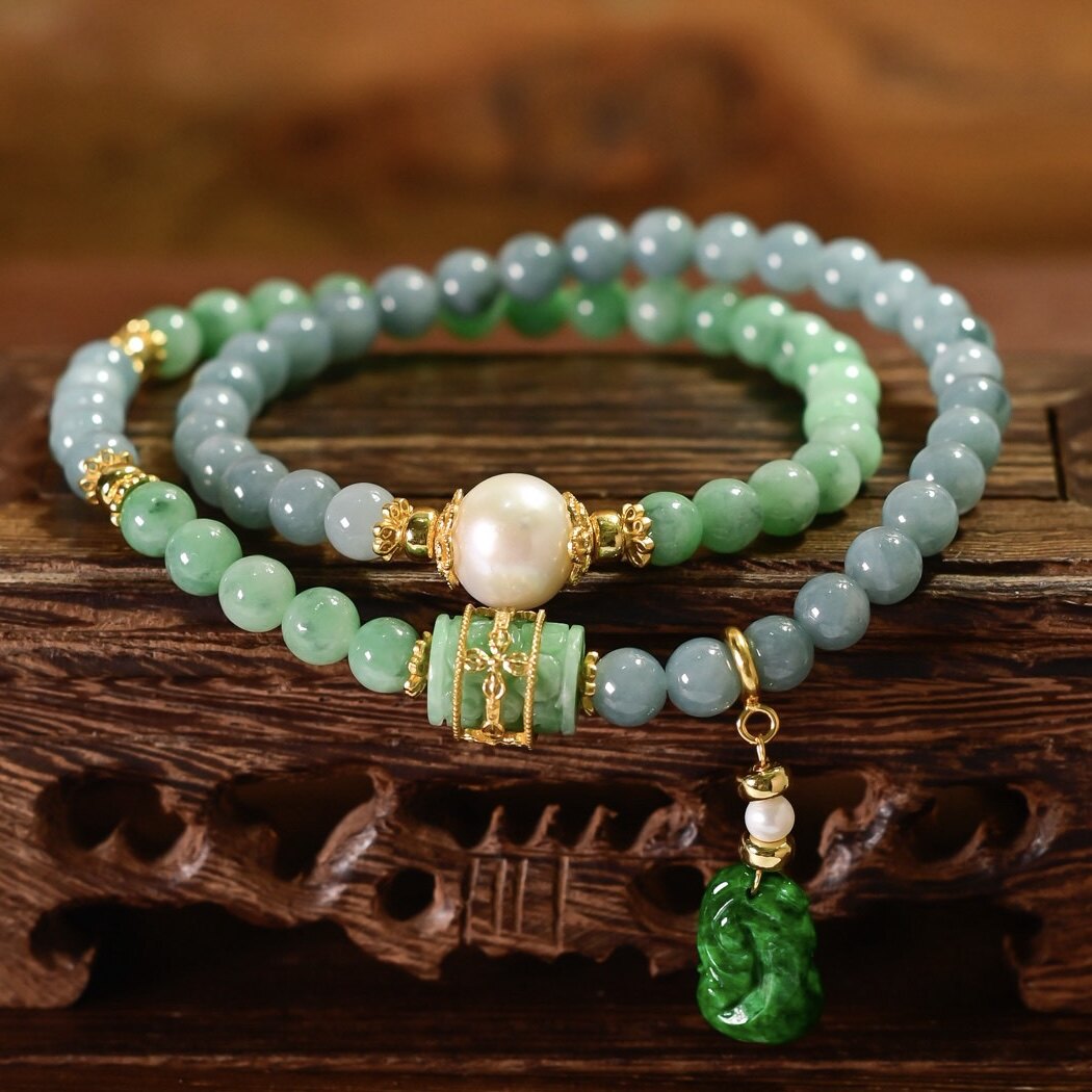 天然A货双色翡翠圆珠双圈手链手串女辣绿干青如意吊坠925纯银镀金