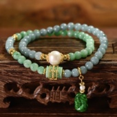 天然A货双色翡翠圆珠双圈手链手串女辣绿干青如意吊坠925纯银镀金