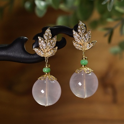 天然粉晶翡翠S925银镀金枫叶耳环