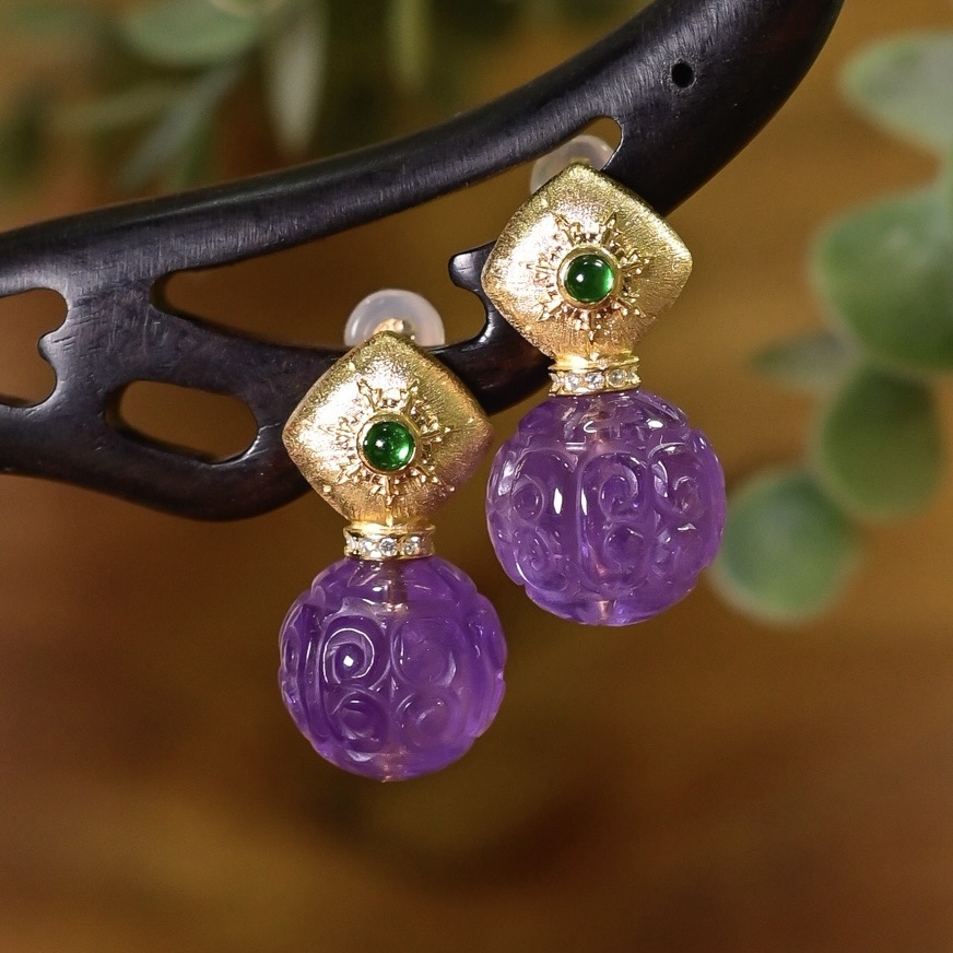 天然紫水晶雕刻回纹珠耳环耳坠女