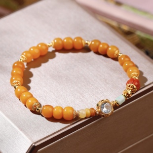 天然俄料蜜蜡手串手链女南红缅料翡翠托帕石S925纯银镀金生日礼物