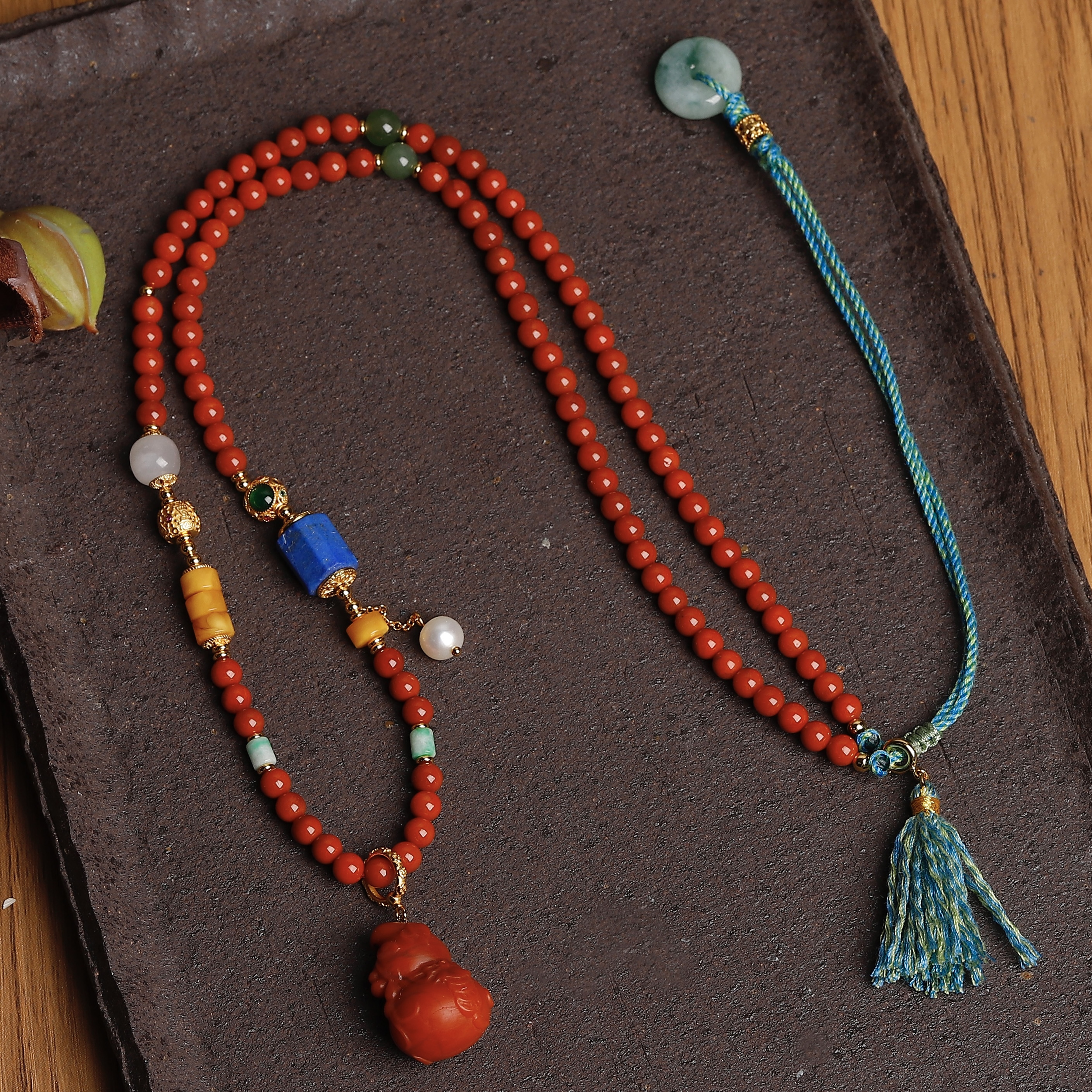 天然满肉南红福禄双全吊坠项链女