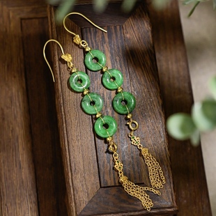 新中式天然A货果绿甜甜圈翡翠耳坠耳环S925纯银镀金蝴蝶流苏耳饰