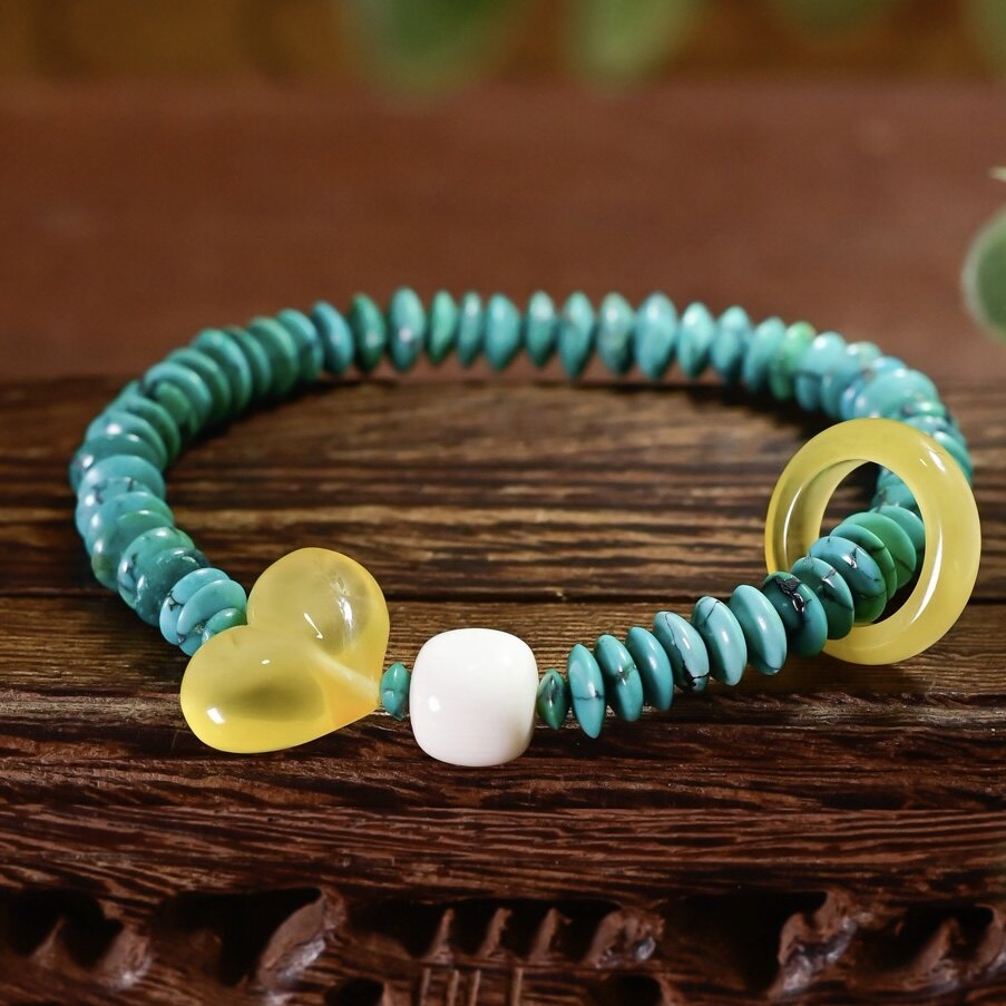 天然原矿绿松石飞碟珠单圈手链手串女蜜蜡桃心跑环猛犸牙老型鼓珠