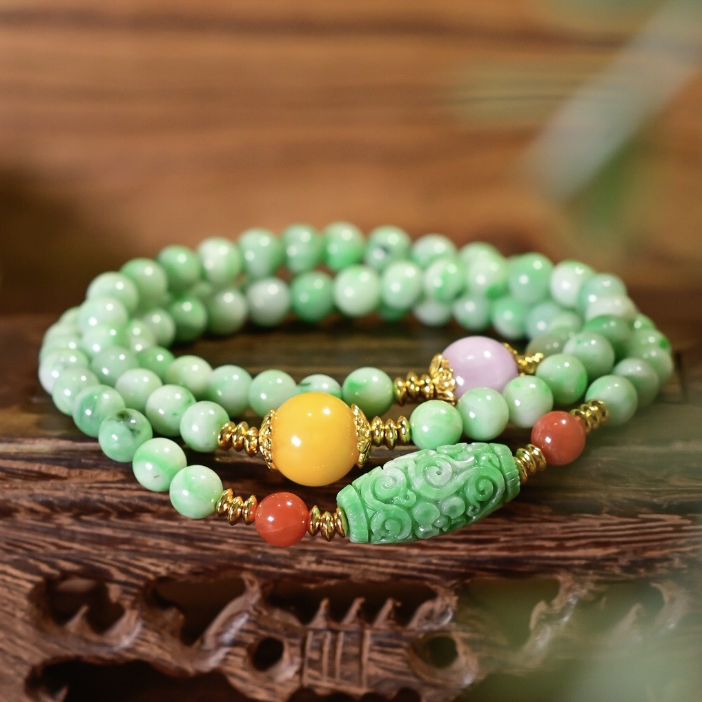 新中式天然辣绿翡翠三圈手链女
