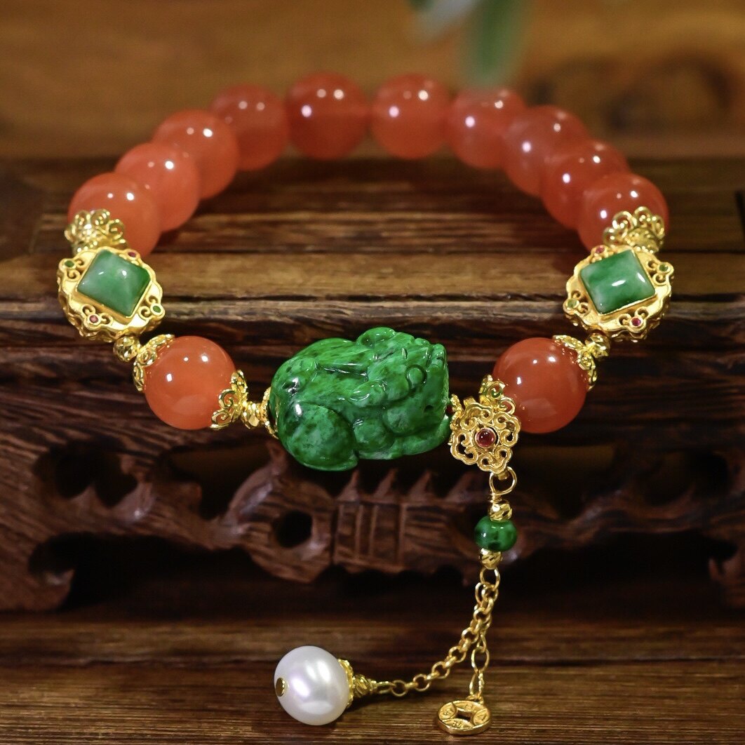 中国风天然川料樱桃红南红手链招财翡翠貔貅珍珠流苏手串生日礼物