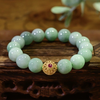 天然A货糯种豆绿翡翠手链18K金