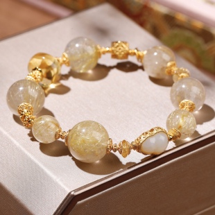 新中式天然金发晶手串随型黄水晶和田玉葫芦镶嵌银饰手链小众设计