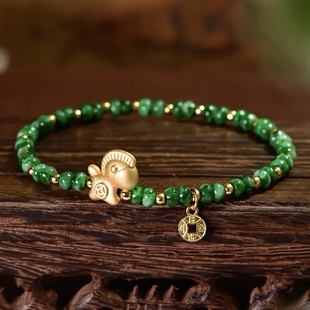 天然A货辣绿干青翡翠算盘珠手链手串女925纯银镀金马上有钱小提溜