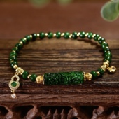 新中式 天然A货雕花路路通干青翡翠单圈手链手串算盘珠925纯银镀金