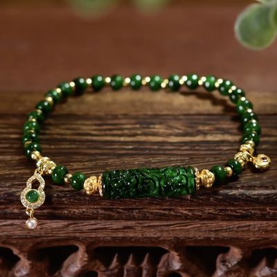 天然A货雕花路路通干青翡翠手链