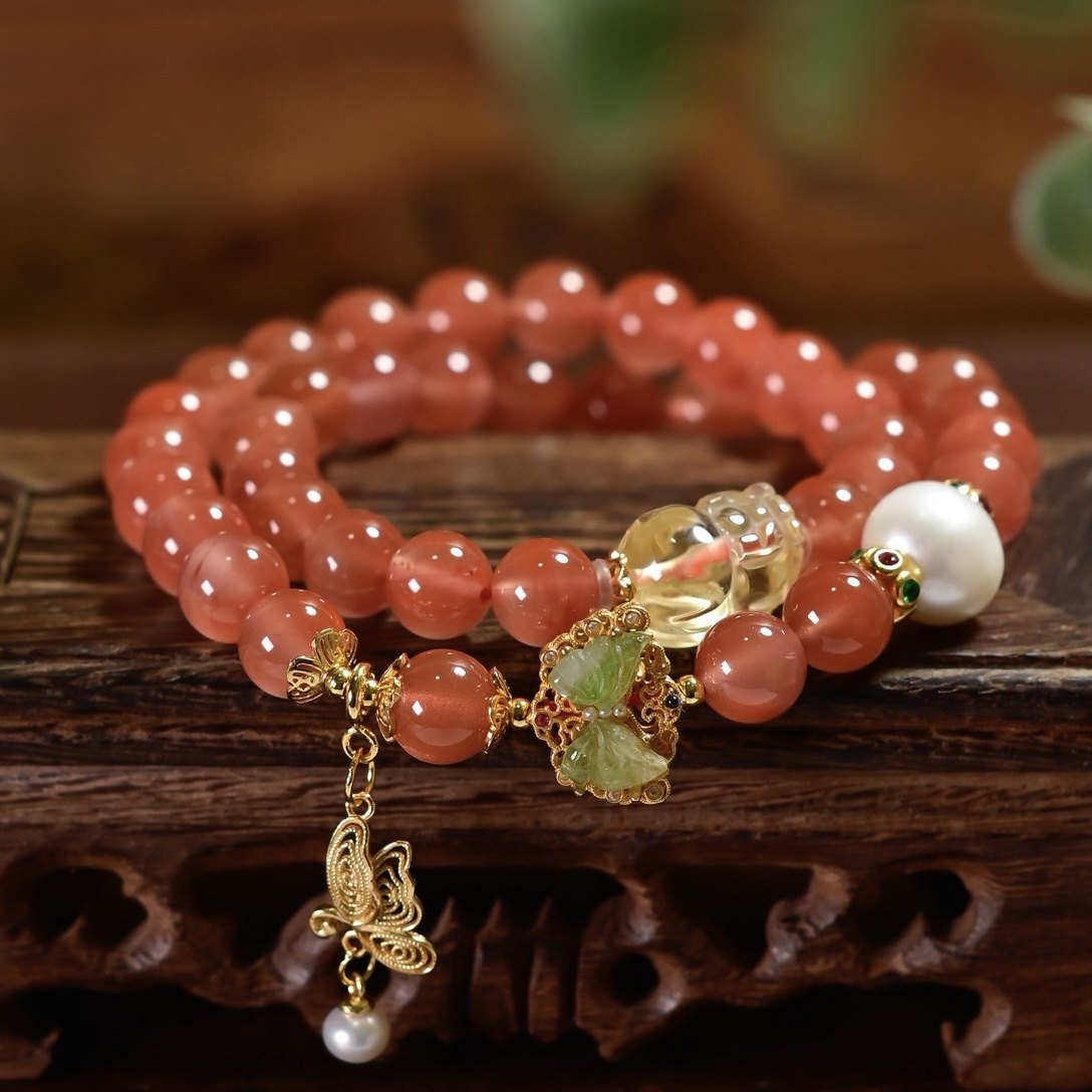 中国风天然南红玛瑙双圈手链黄水晶貔貅碧玺蝴蝶镶嵌银饰珍珠手串