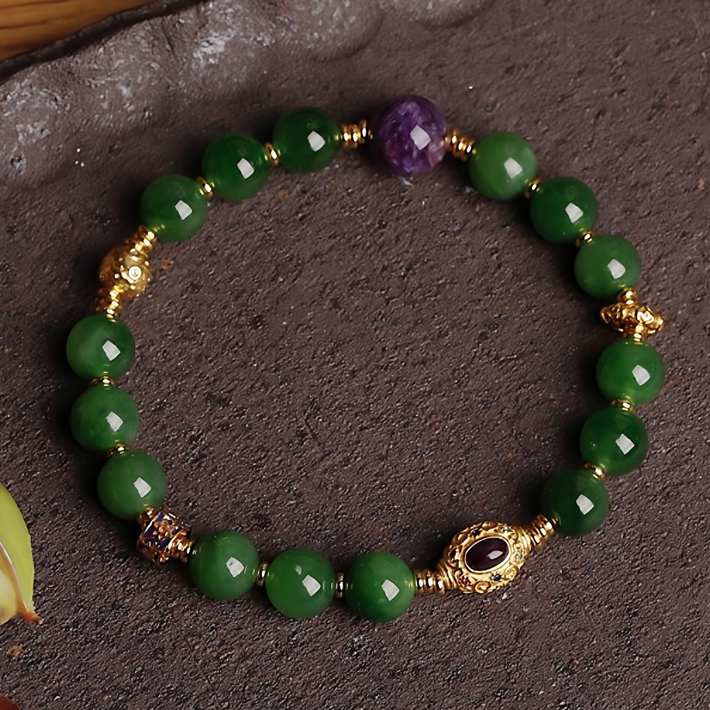 中国风天然菠菜绿和田碧玉手串女紫龙晶舒俱来镶嵌银饰景泰蓝手链