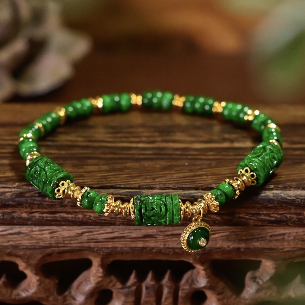 国风天然辣绿算盘珠干青翡翠手链