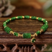 国风天然辣绿算盘珠干青翡翠手链女雕花路路通S925银镀金手串礼物