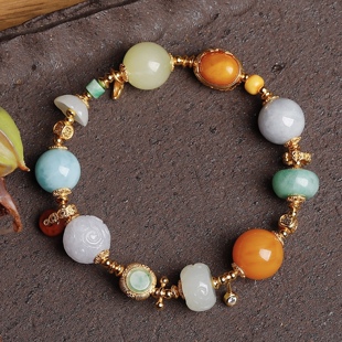 天然A货翡翠和田玉多宝手链手串蜜蜡海纹石南红平安扣小提溜925银