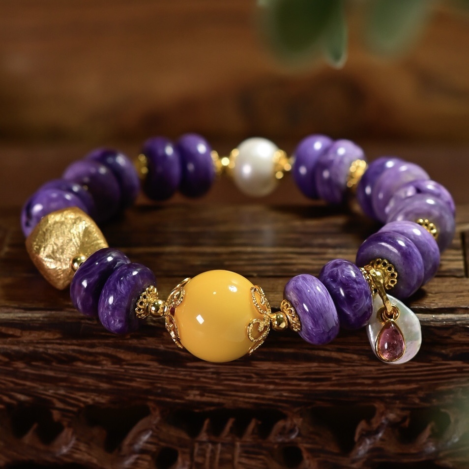 天然紫龙晶算盘珠单圈手链女蜜蜡