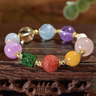 天然彩宝多宝手串手链女A货干青翡翠路路通南红蜜蜡紫锂辉海蓝宝