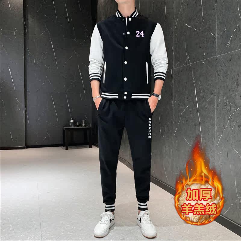 2020年冬季加绒加厚羊羔绒棒球服运动套装外套男A163-540-P110图片