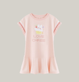 女童粉色纯棉连衣裙 韩版时尚休闲运动风儿童短袖裙子