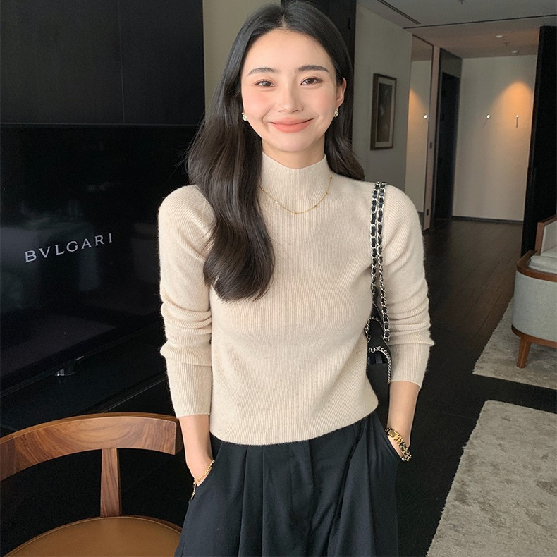 鄂尔多斯市一线成衣半高领纯羊毛针织衫女修身套头毛衣纯色打底衫