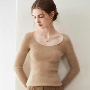 U领羊绒打底衫 鄂尔多斯市可机洗无缝羊毛衫 女低圆领毛衣早春修身